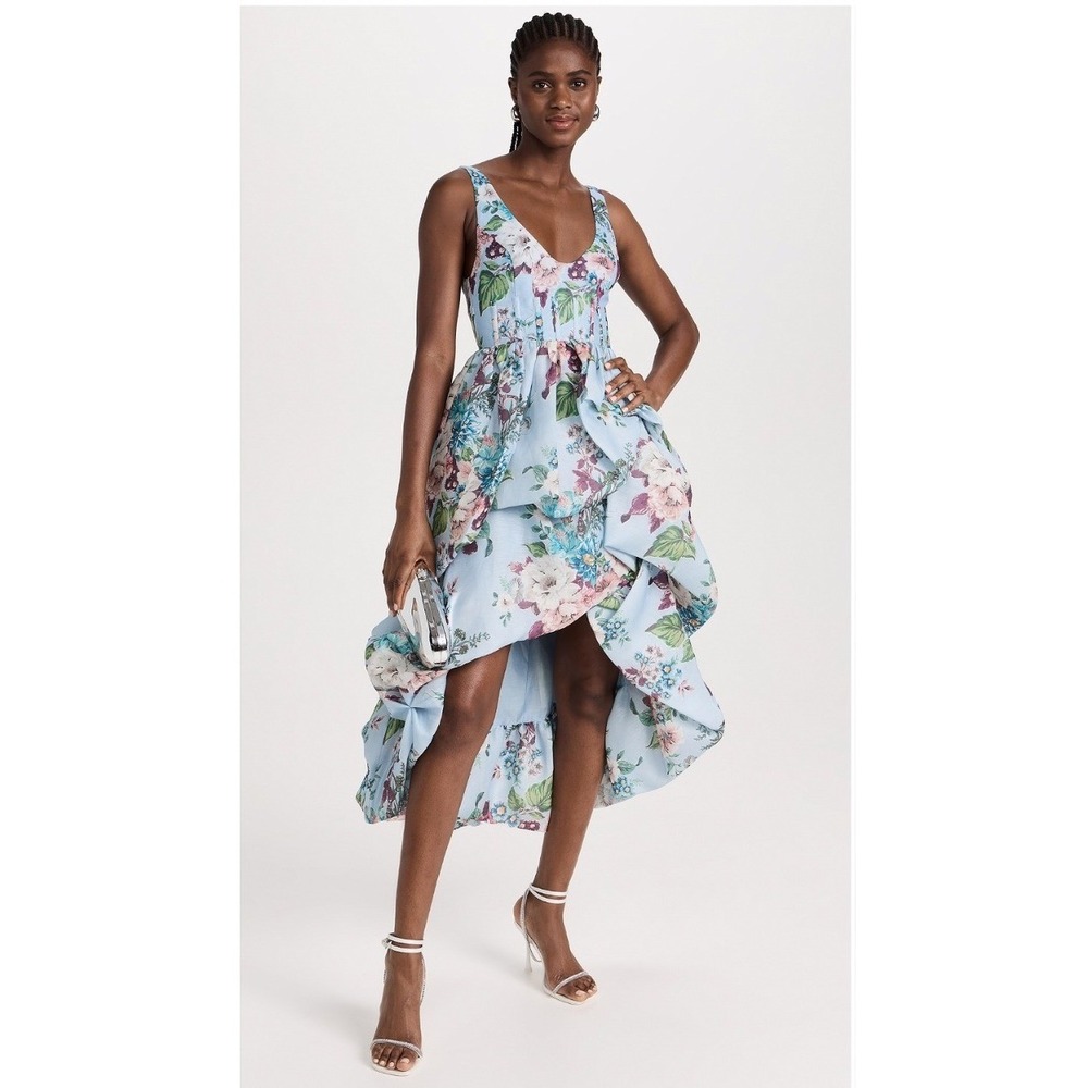 Z Matchmaker Style Midi Dress M Blue Floral Fit & Flare High-Low Bubble Corset